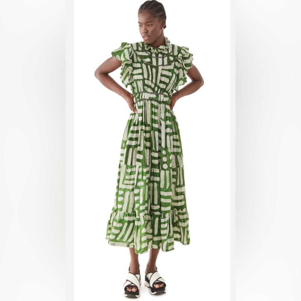 Green and White Puff Sleeve Sundress